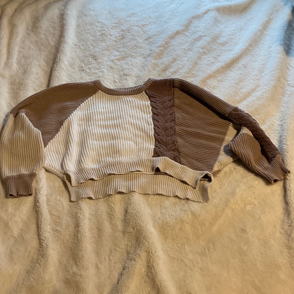 Cream and Brown Colorblock Knit Cropped Sweater